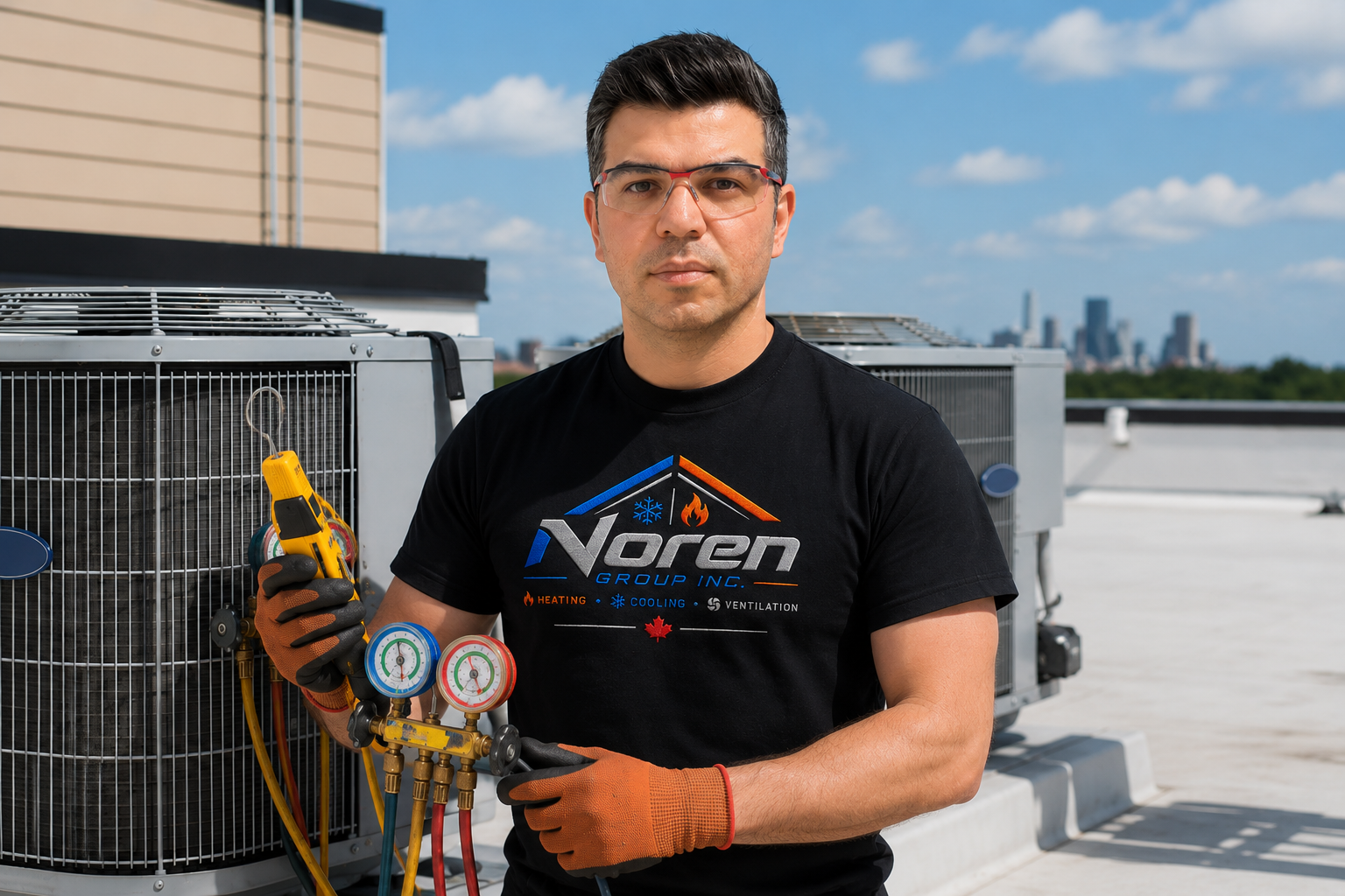Noren Group HVAC technician on a rooftop with refrigeration gauges